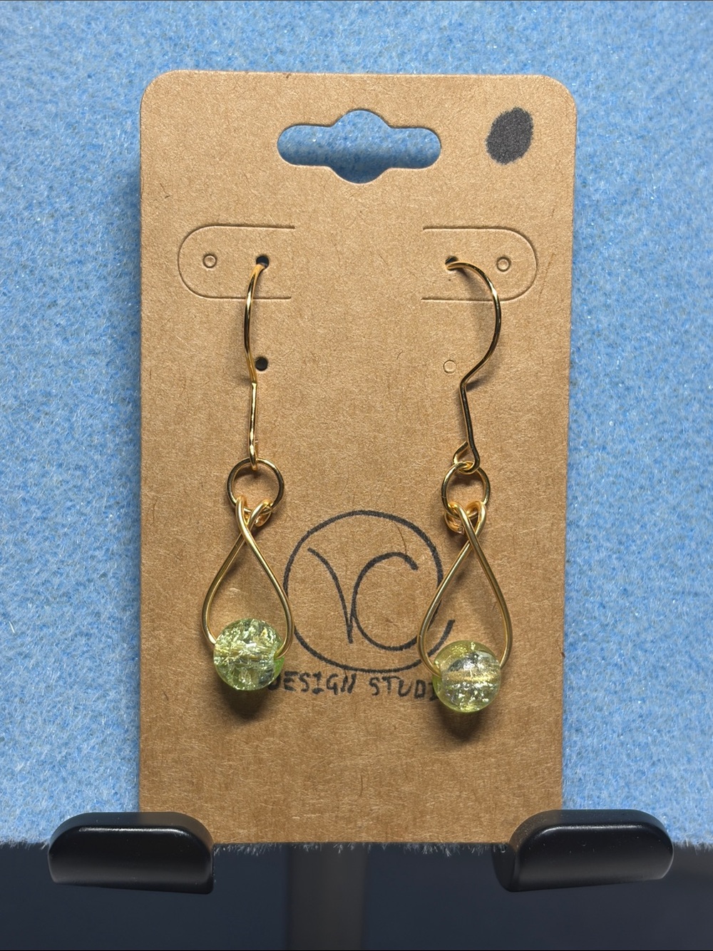 Handcrafted Gold Teardrop Earrings with Light Green Glass Beads -